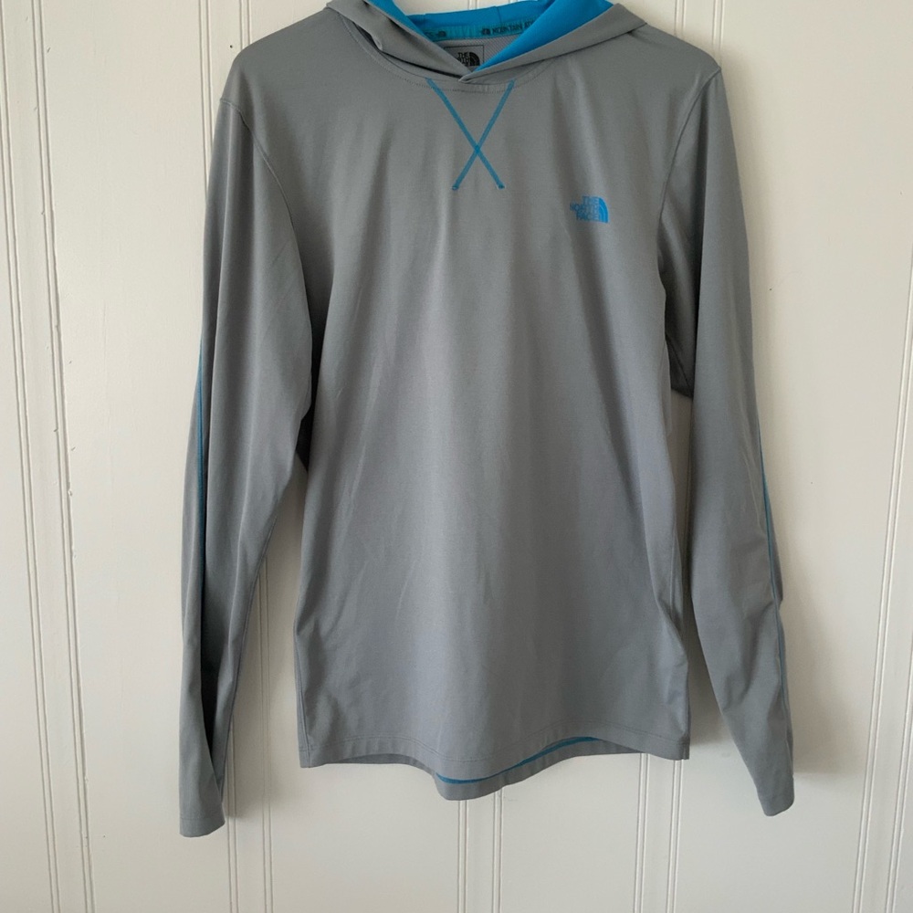 The North Face Men's Gray Hoodie with Blue Details